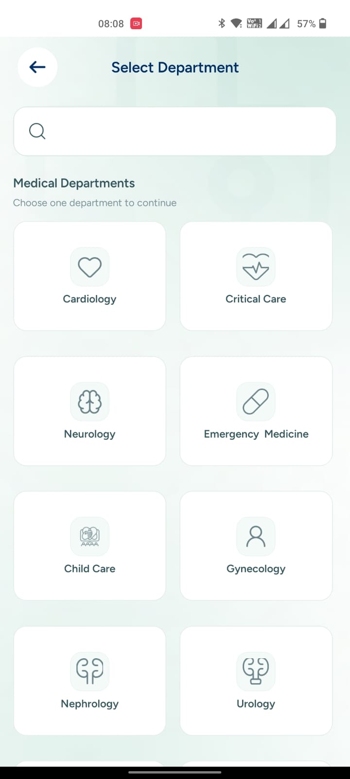 Curemos app — Select Department screen showing medical specialties